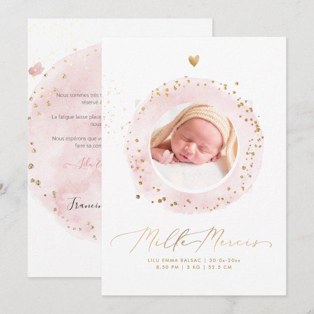 AQuarelle Remerciement Naissance Fille Inbjudningar (Fram/baksida)