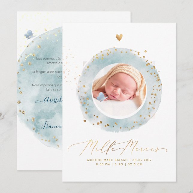 AQuarelle Remerciement Naissance Fille Inbjudningar (Fram/baksida)