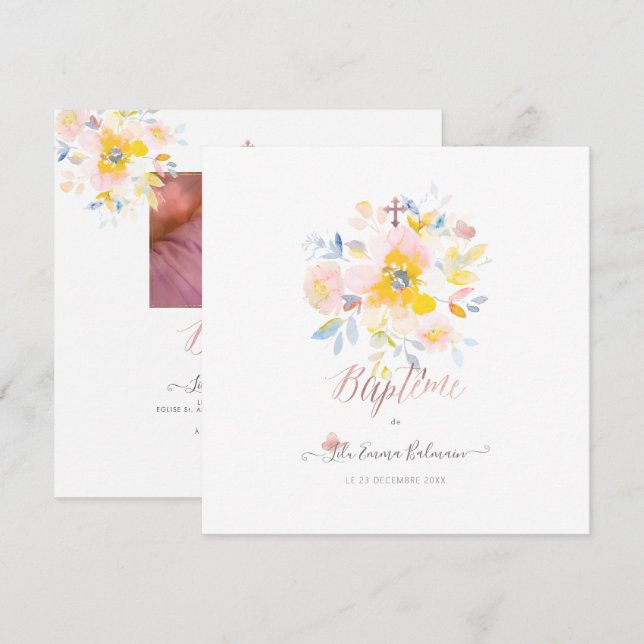 Aquarelle Ro de Jardin Faire-part de Baptême Inbjudningar (Fram/baksida)