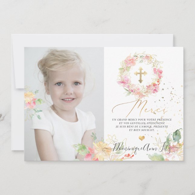 Aquarelle Rougisant Remerciements-Bapteme Fille Inbjudningar (Framsida)