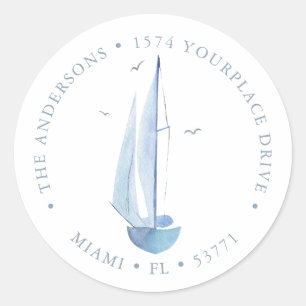 Aquarelle Sailboat Shower Ahoy Boy's Adress Runt Klistermärke