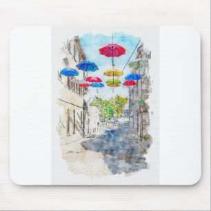 Aquarelle sketch art. Street med flerfärgat umb Musmatta