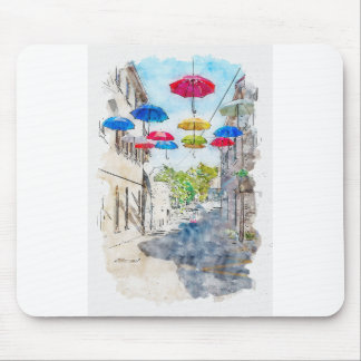 Aquarelle sketch art. Street med flerfärgat umb Musmatta