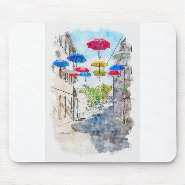 Aquarelle sketch art. Street med flerfärgat umb Musmatta (Framsidan)