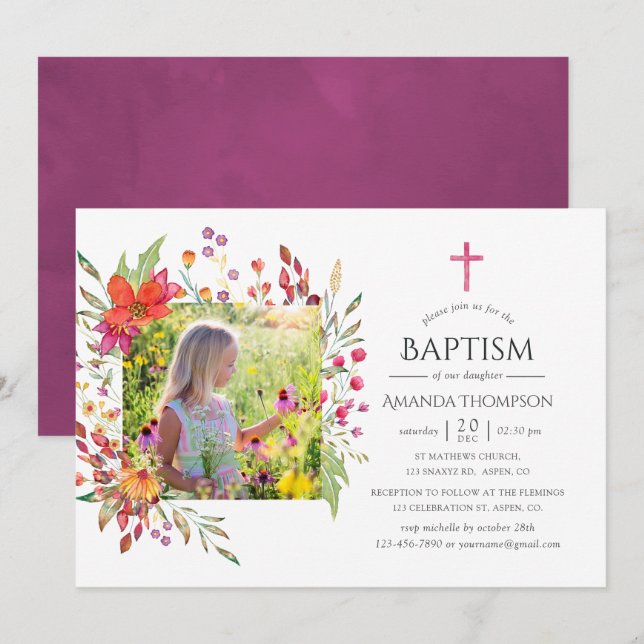Aquarelle Wildblombaptism eller Christening Inbjudningar (Fram/baksida)