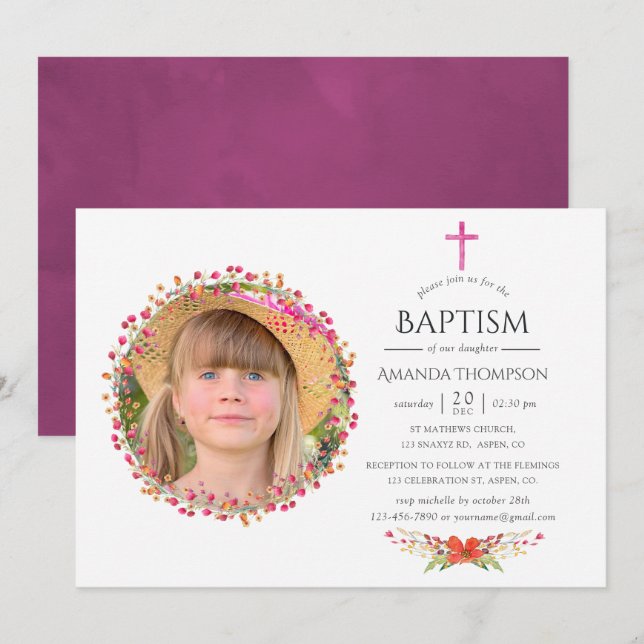 Aquarelle Wildblombaptism eller Christening Inbjudningar (Fram/baksida)