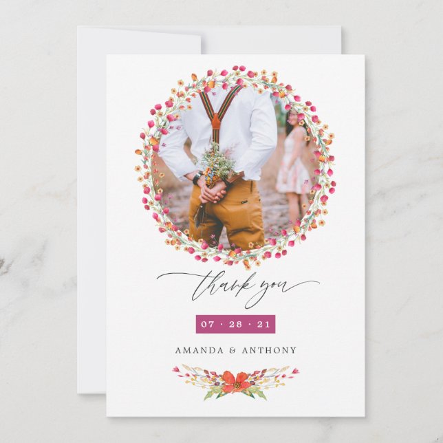 Aquarelle Wildblomma Bröllop Photo Tack Kort (Framsida)