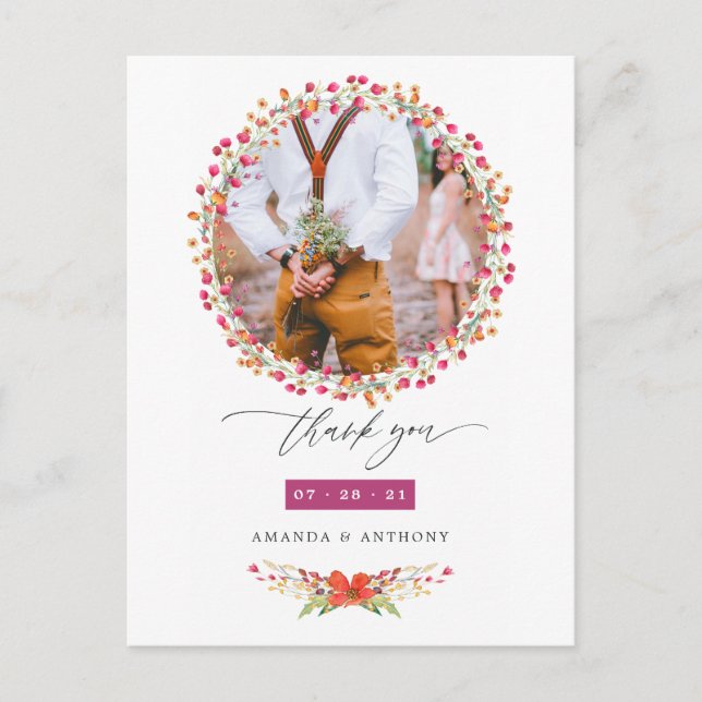 Aquarelle Wildblomma Bröllop Photo Tack Vykort (Framsida)