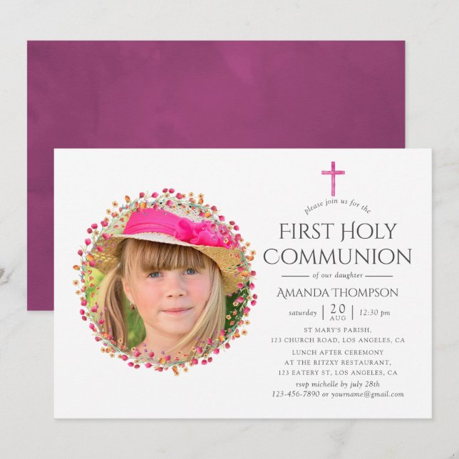 Aquarelle Wildbloms Första Heligan Communion Inbjudningar (Fram/baksida)