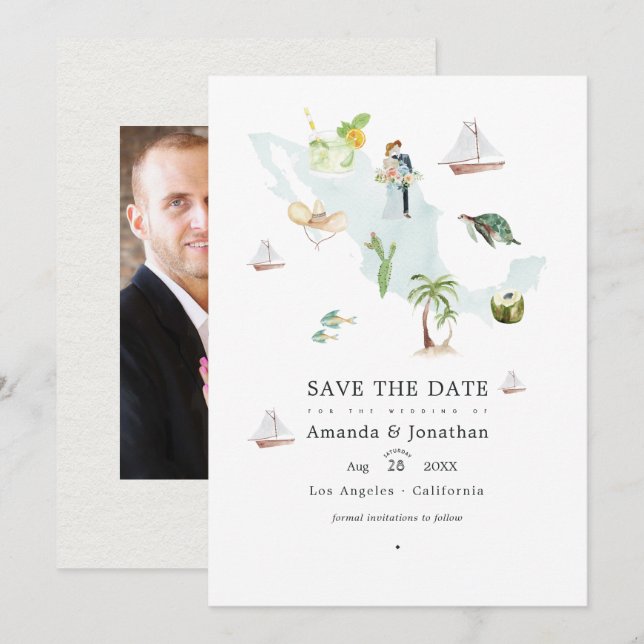 Aquarellkarta över Mexiko Destination Bröllopsfoto Spara Datumet (Fram/baksida)