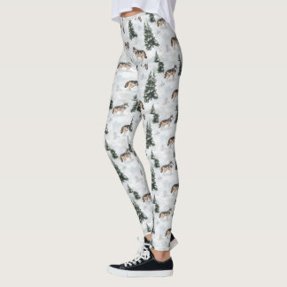 Aquarellvargar Snötäckta Tallar Leggings