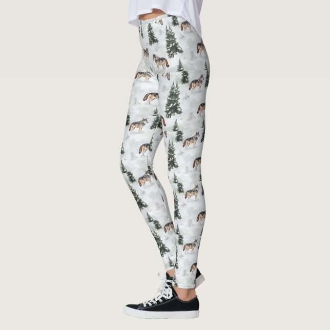 Aquarellvargar Snötäckta Tallar Leggings (Vänster)