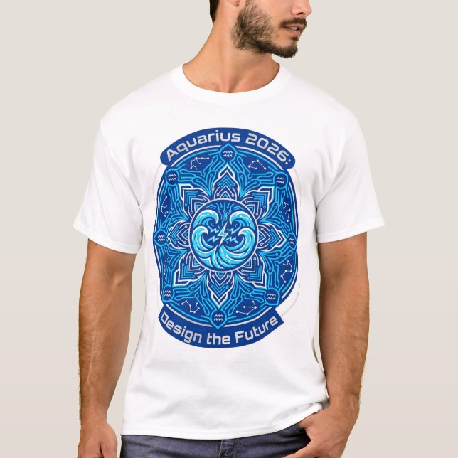 Aquarius 2026 Zodiac Mandala | Futuristic Astrolog T Shirt (Framsida)