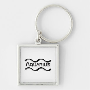 AQUARIUS, abstrakt utformning av zodiaksignalen. Fyrkantig Silverfärgad Nyckelring