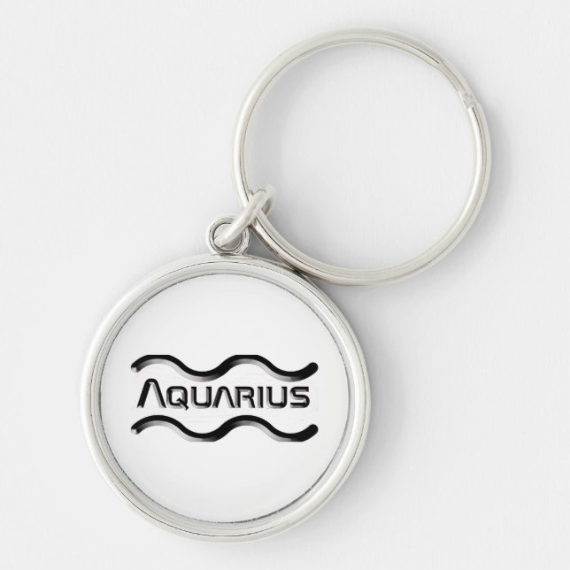 AQUARIUS, abstrakt utformning av zodiaksignalen. Rund Silverfärgad Nyckelring (Framsidan)