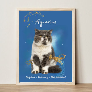 Aquarius Cat Art Print, Zodiac Cat Poster
