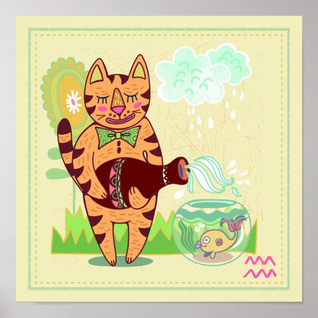 Aquarius Cat Zodiac Nursery Skriv ut Poster (Framsidan)