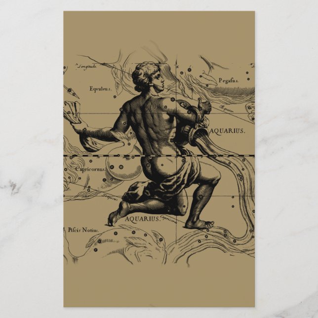 Aquarius Constellation Karta Hevelius 1690 om Taup Flygblad (Framsidan)