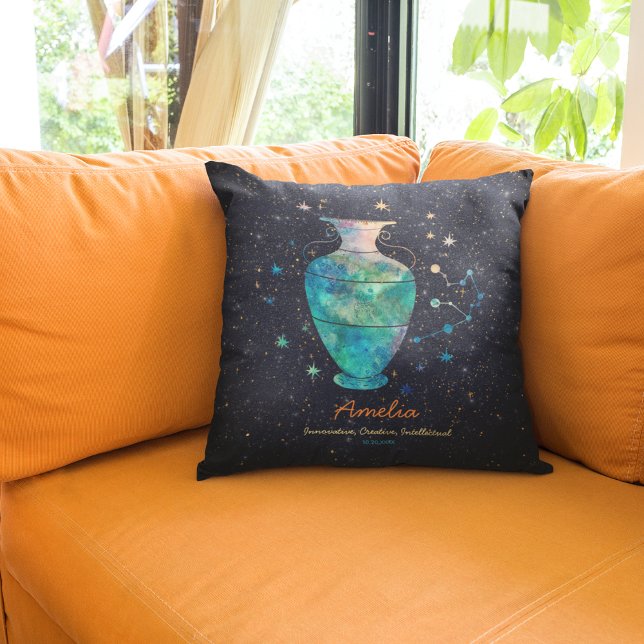Aquarius Constellation Zodiac Watercolor Galaxy Kudde (Front and Back)