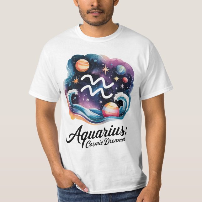 Aquarius Cosmic Dreamer Watercolor Zodiac-tecken T Shirt (Framsida)