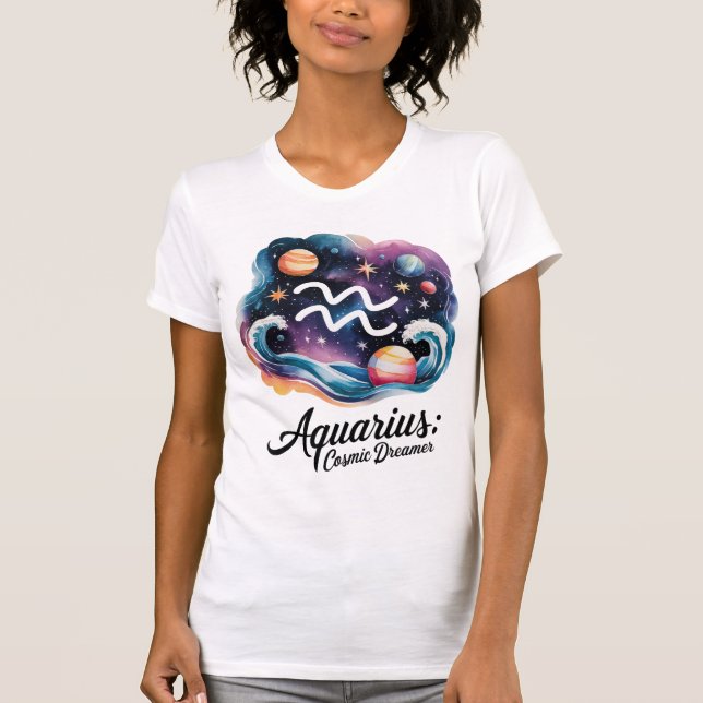 Aquarius Cosmic Dreamer Watercolor Zodiac-tecken T Shirt (Framsida)