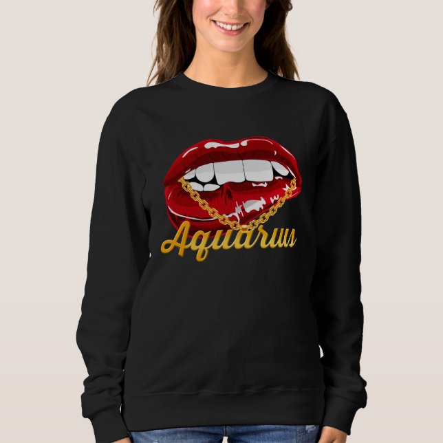 Aquarius Girl Juicy Lips Gold Chain Astrology Zodi T Shirt (Framsida)