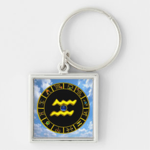 AQUARIUS /GULD ZODIAC BIRTHDAY JEWEL FYRKANTIG SILVERFÄRGAD NYCKELRING