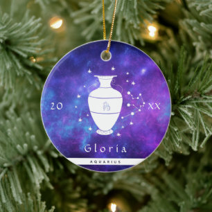 Aquarius Lila Cosmic Galaxy Zodiac Sign Namn Julgransprydnad Keramik