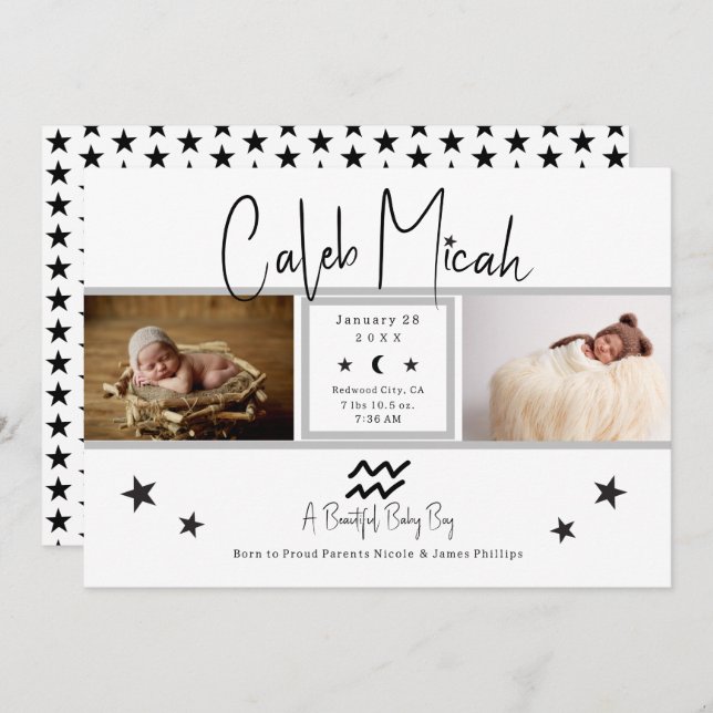 Aquarius Stars Photo Baby Birth Notice Inbjudningar (Fram/baksida)