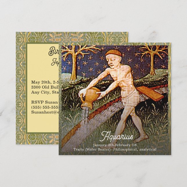 Aquarius Vatten Bearer Zodiac-Födelsedagsfest Inbjudningar (Fram/baksida)