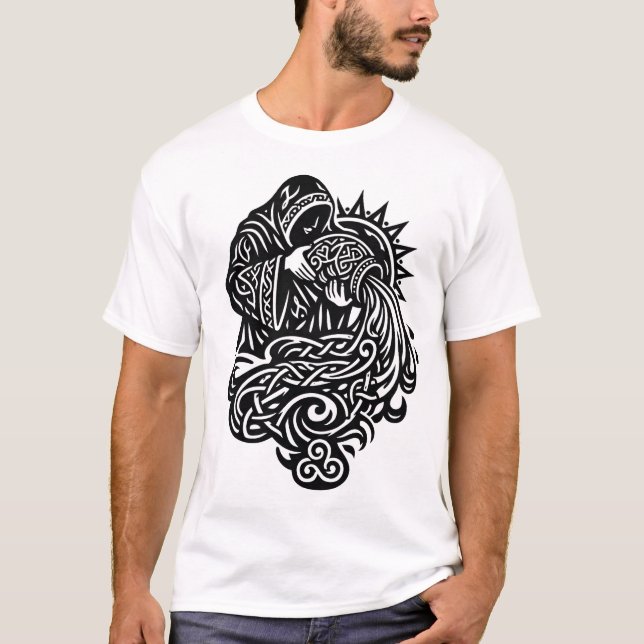 Aquarius Water‑Bearer — Celtic Knotwork Zodiac T Shirt (Framsida)
