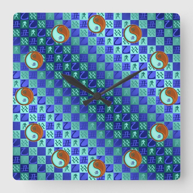 Aquarius & Wood Ox Fyrkantig Klocka (Framsida)