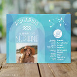 Aquarius Zodiac Astrology-tecken Foto Birthdate Vykort<br><div class="desc">Anpassa det här zodiakkortet med ett foto, födelsedatum och namn. En anpassningsbar-födelsedagskalender med zodiakmärket - Aquarius - plus personlighetsdrag, information och konstellation. Ett fredligt, lugnande blått färg som är associerat med Aquarius är den huvudsakliga utformningen bakom alla detaljer i Zodiac. En underbar gåva till en vän eller för att bara...</div>
