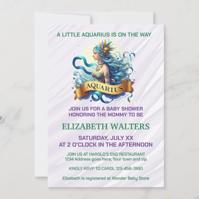 Aquarius Zodiac Baby Shower Lavender and Green Inbjudningar (Framsida)