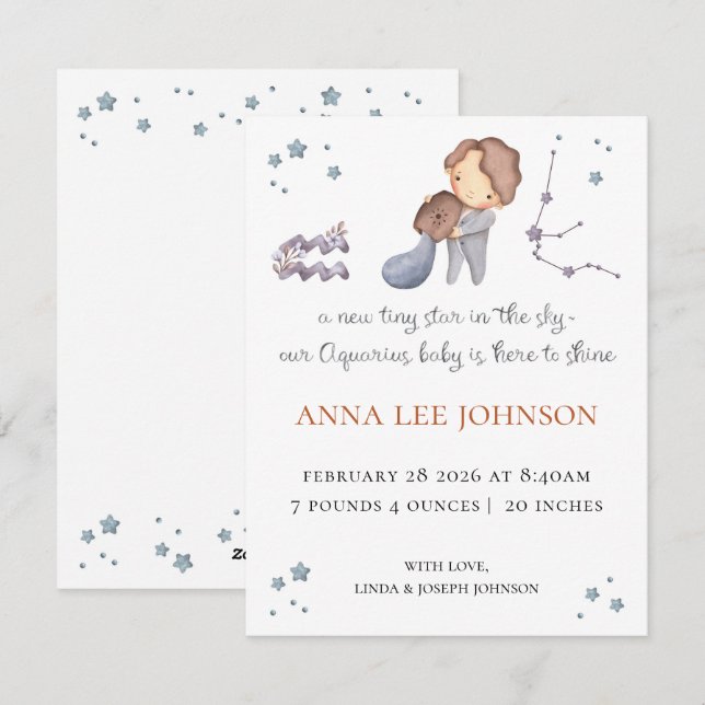 Aquarius Zodiac Birth Announcement Julkort (Fram/baksida)