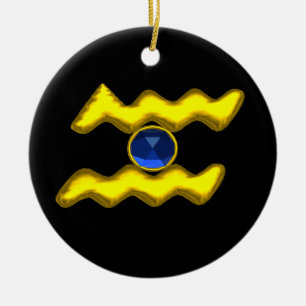AQUARIUS ZODIAC BIRTHDAY JEWEL Blue Sapphire Guld Julgransprydnad Keramik