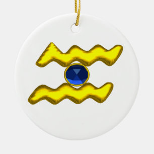 AQUARIUS ZODIAC BIRTHDAY JEWEL Blue Sapphire Guld Julgransprydnad Keramik