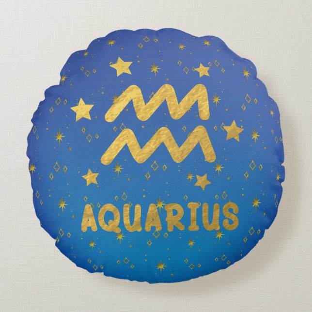 Aquarius Zodiac Blue och Guld Round Pillow Rund Kudde (Framsidan)