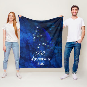Aquarius Zodiac Constellation Blue Galaxy Monogram Fleecefilt