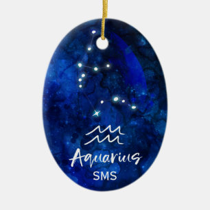 Aquarius Zodiac Constellation Blue Galaxy Monogram Julgransprydnad Keramik