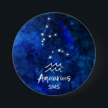 Aquarius Zodiac Constellation Blue Galaxy Monogram Knapp<br><div class="desc">Aquarius Zodiac Constellation Blue Galaxy Monogram Design. Med trendiget Bruterat skriptteckensnitt, Mörk blått vattenfärgsbakgrund struktur, Glowing star konstellation och Vatten Bearer-symbolen. Modern Astrological Sign Birth Horoscope, är perfekt för alla Aquarian Birthday från den 20-18 februari! Med Monogrammed första Mitten och efternamn (eller lämna det tomt) som tillval. Gör en underbar...</div>