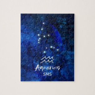 Aquarius Zodiac Constellation Blue Galaxy Monogram Pussel