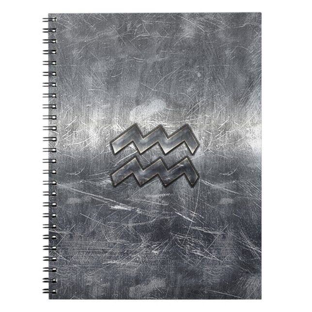 Aquarius Zodiac Distress Silver Steel Stil Anteckningsbok Med Spiral (Framsidan)