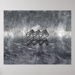 Aquarius Zodiac Distress Silver Steel Stil Poster
