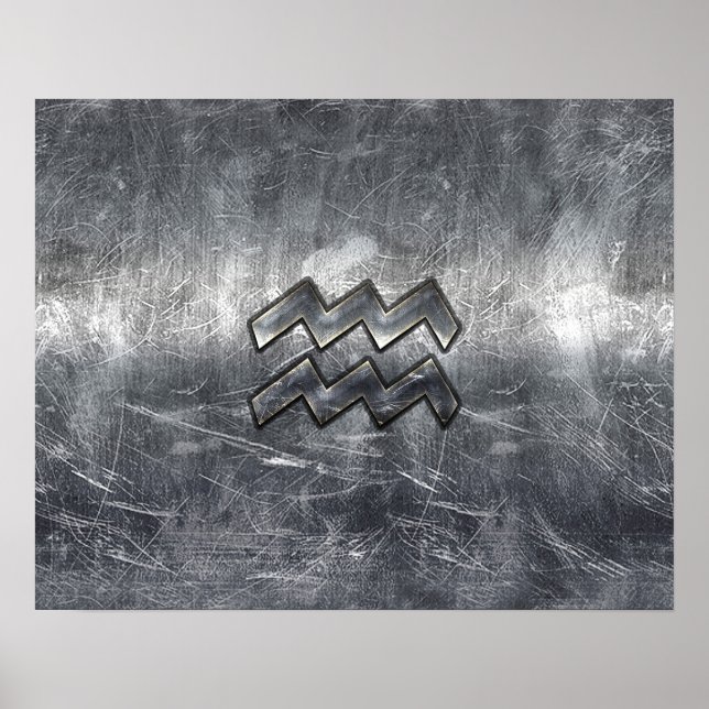 Aquarius Zodiac Distress Silver Steel Stil Poster (Framsidan)