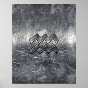 Aquarius Zodiac Distress Silver Steel Stil Poster
