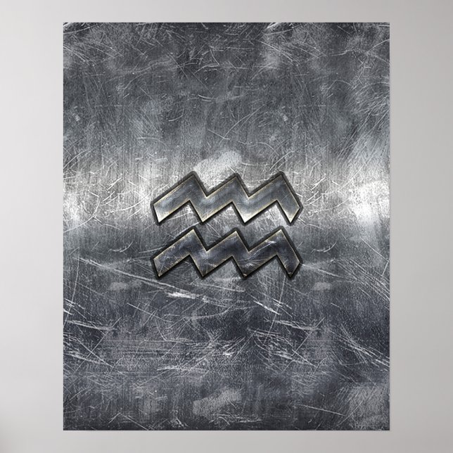 Aquarius Zodiac Distress Silver Steel Stil Poster (Framsidan)