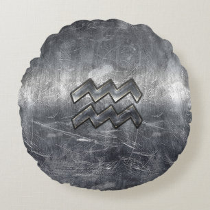 Aquarius Zodiac Distress Silver Steel Stil Rund Kudde