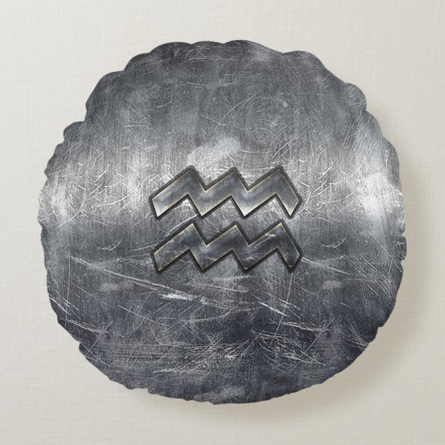 Aquarius Zodiac Distress Silver Steel Stil Rund Kudde (Framsidan)