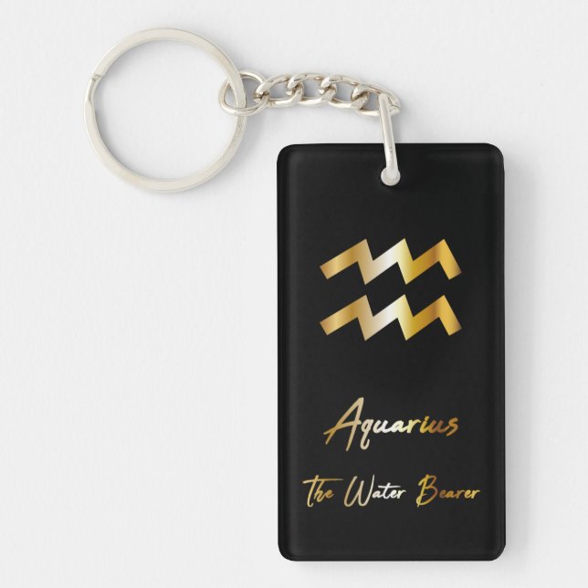 Aquarius Zodiac Sign, Black & Guld Keychain (Framsidan)